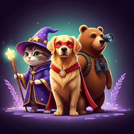 A wizard cat, a caped dog and a bear standing together
